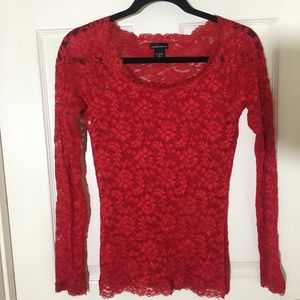 Women’s Sheer Red Lace Long Sleeve Blouse